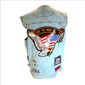 Diamond Plate Biker Vest "Live to Ride" with Patches Men's size M